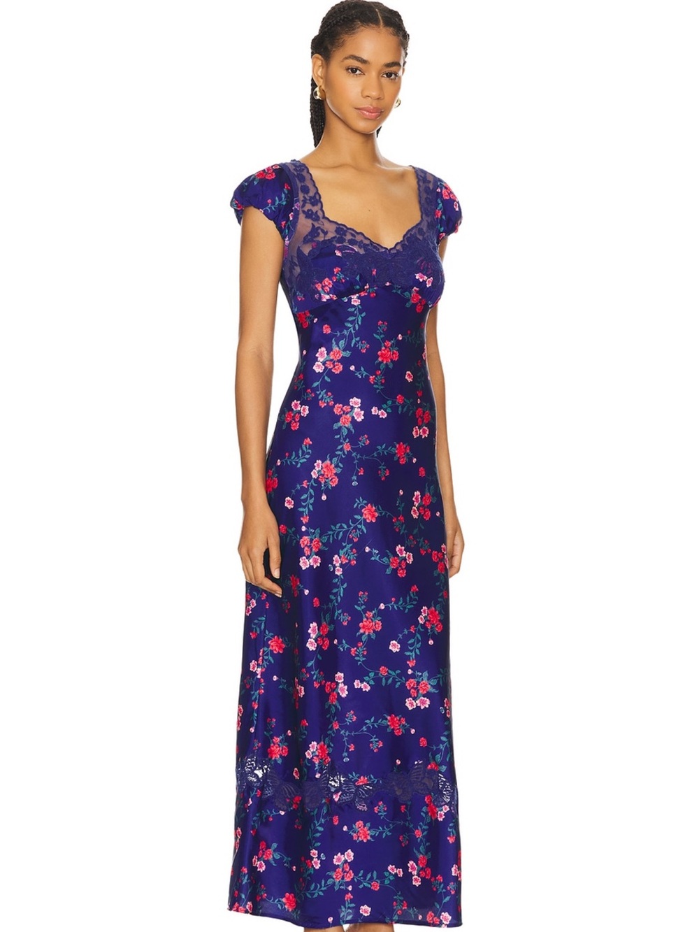 Free People Navy Floral Lace-Trim Maxi Dress